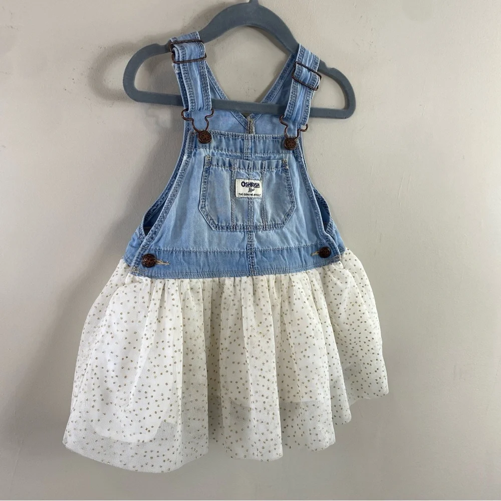 OshKosh B’Gosh Infant Girl Mixed Media Polka‎ Dot Denim Overall Dress Sz 24M
